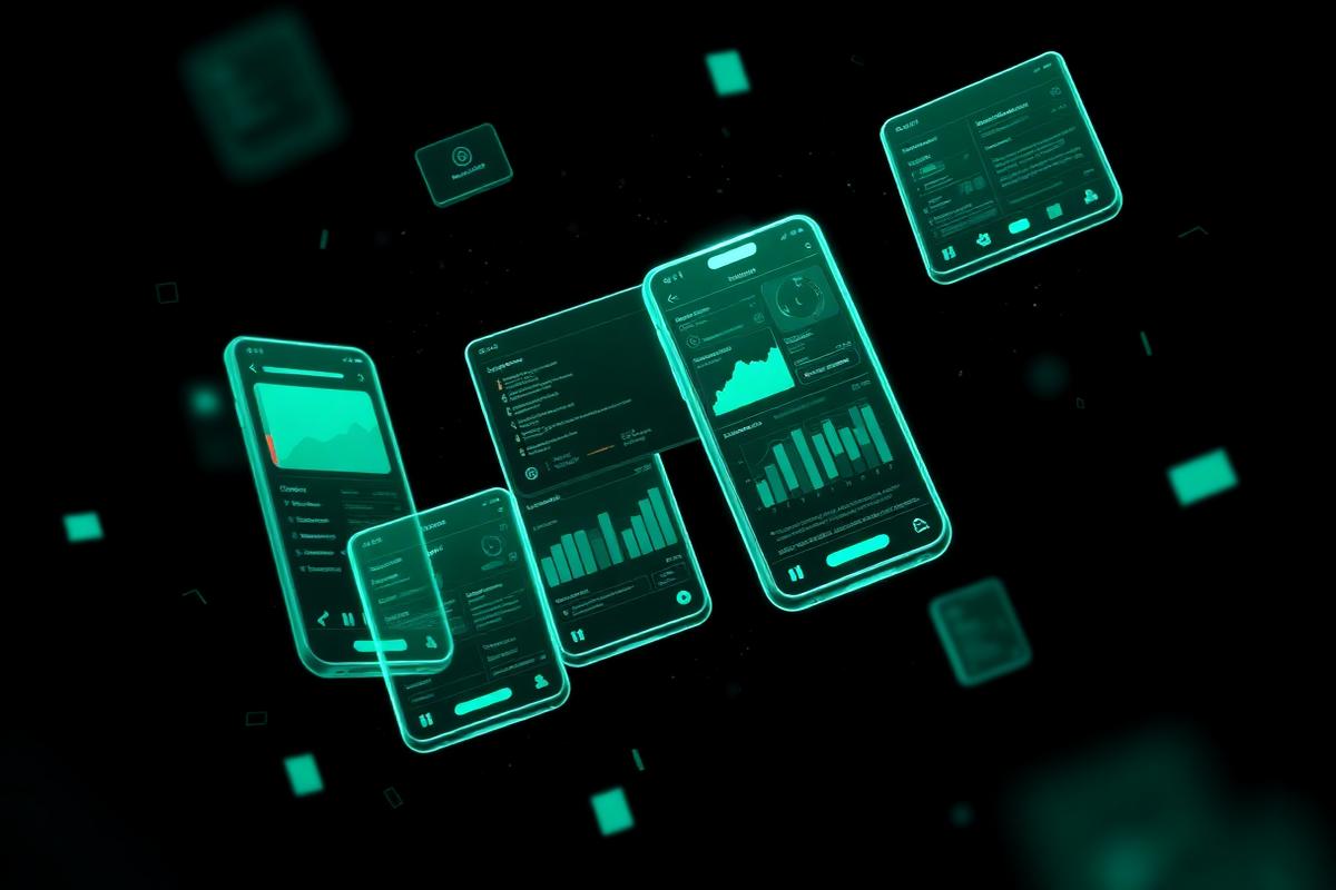 Floating mobile app interfaces and dashboards glowing in emerald and teal